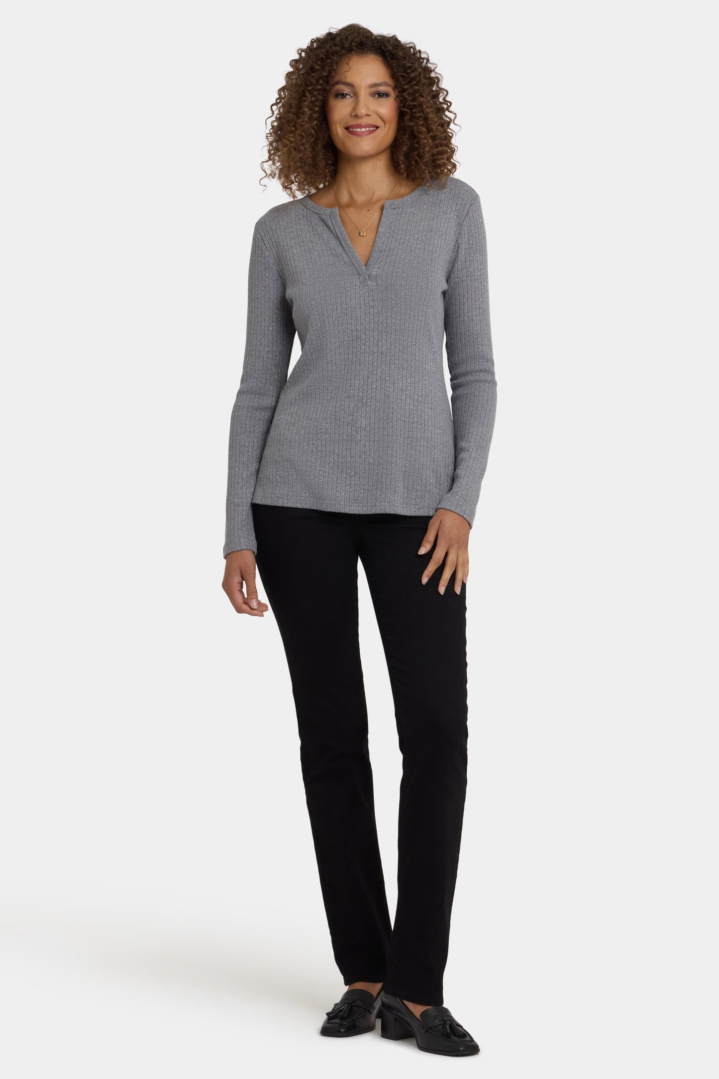 Shimmer Rib Knit Henley Top - Heather Grey