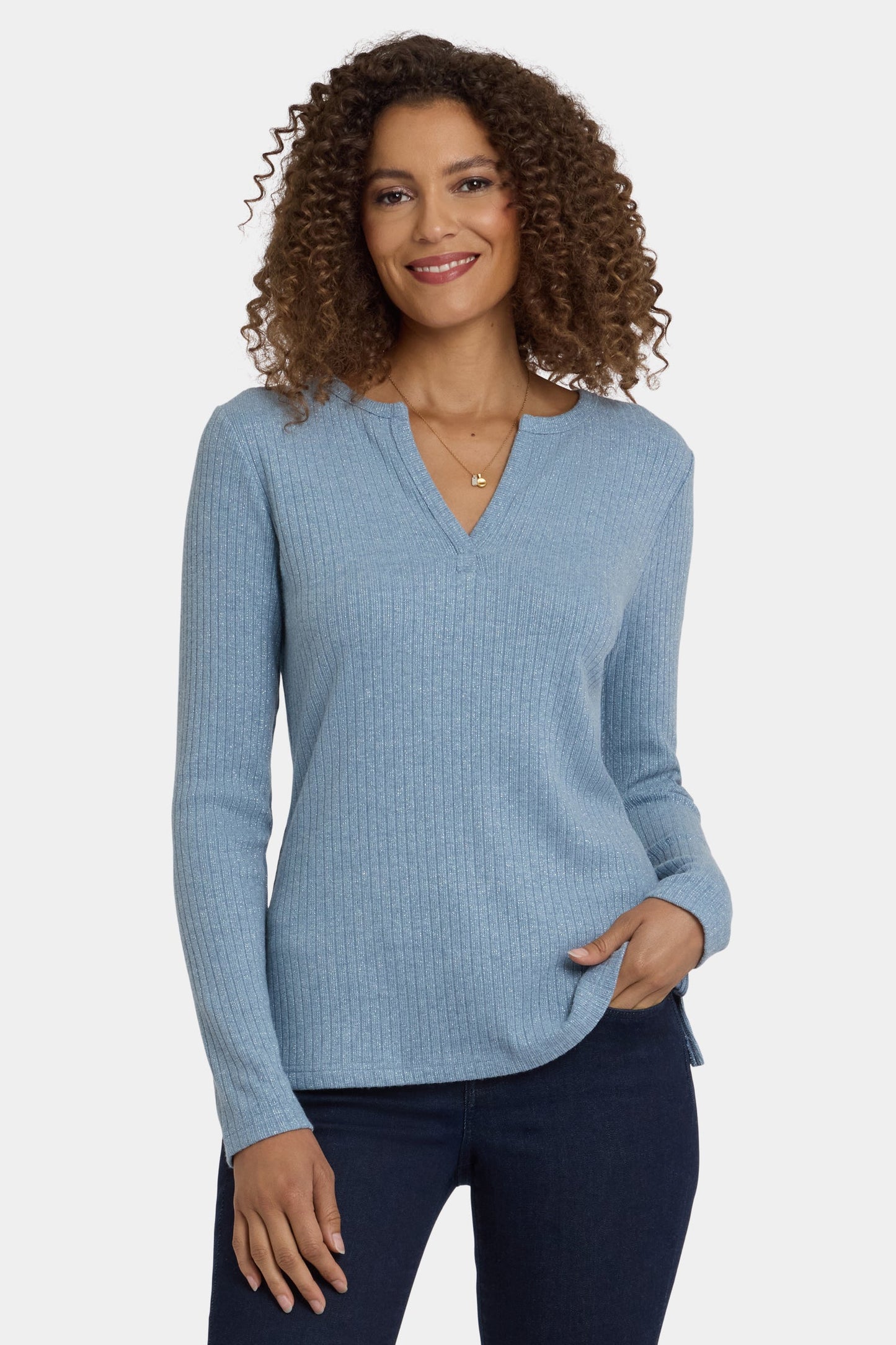 Shimmer Rib Knit Henley Top - Light Heather Blue