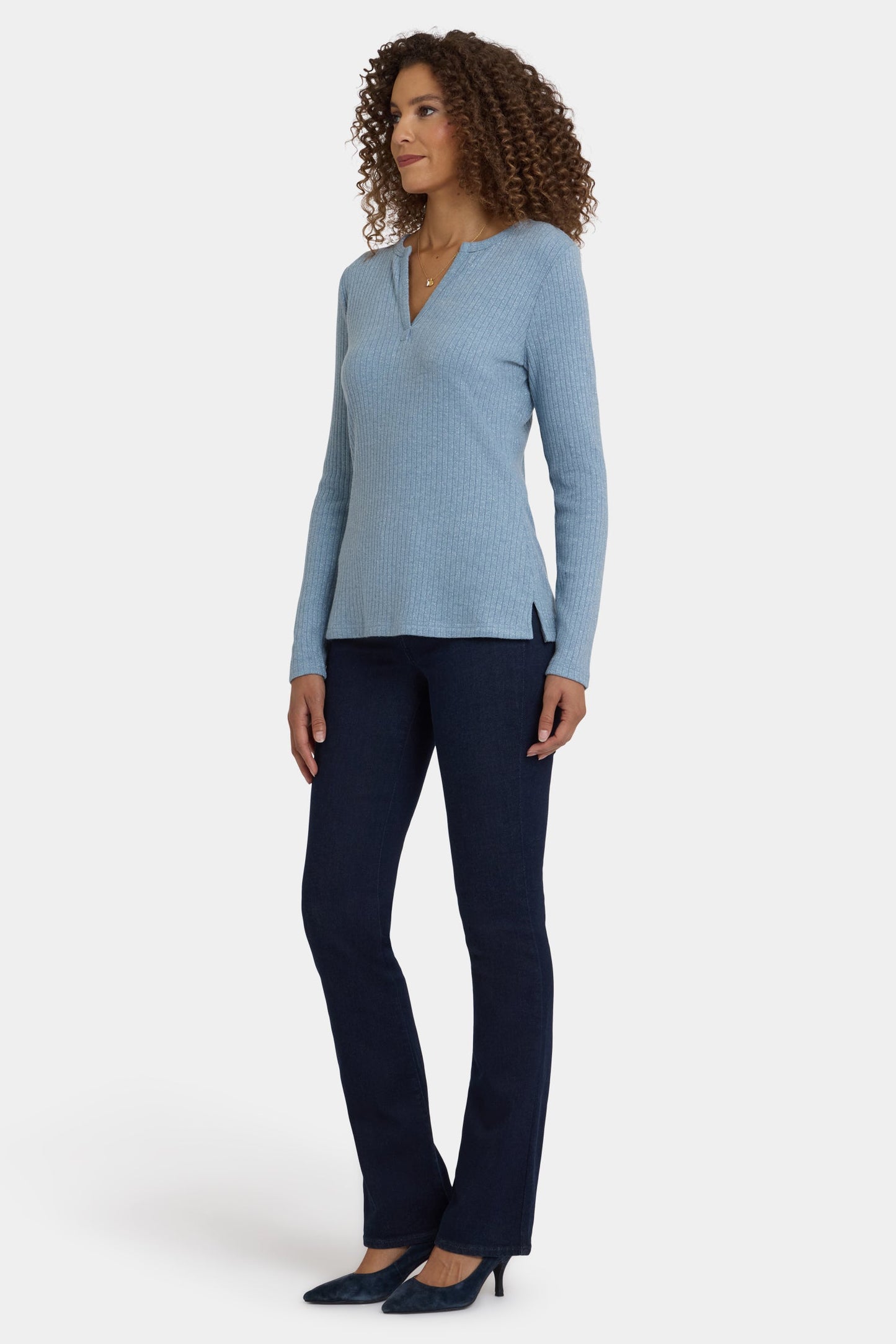 Shimmer Rib Knit Henley Top - Light Heather Blue