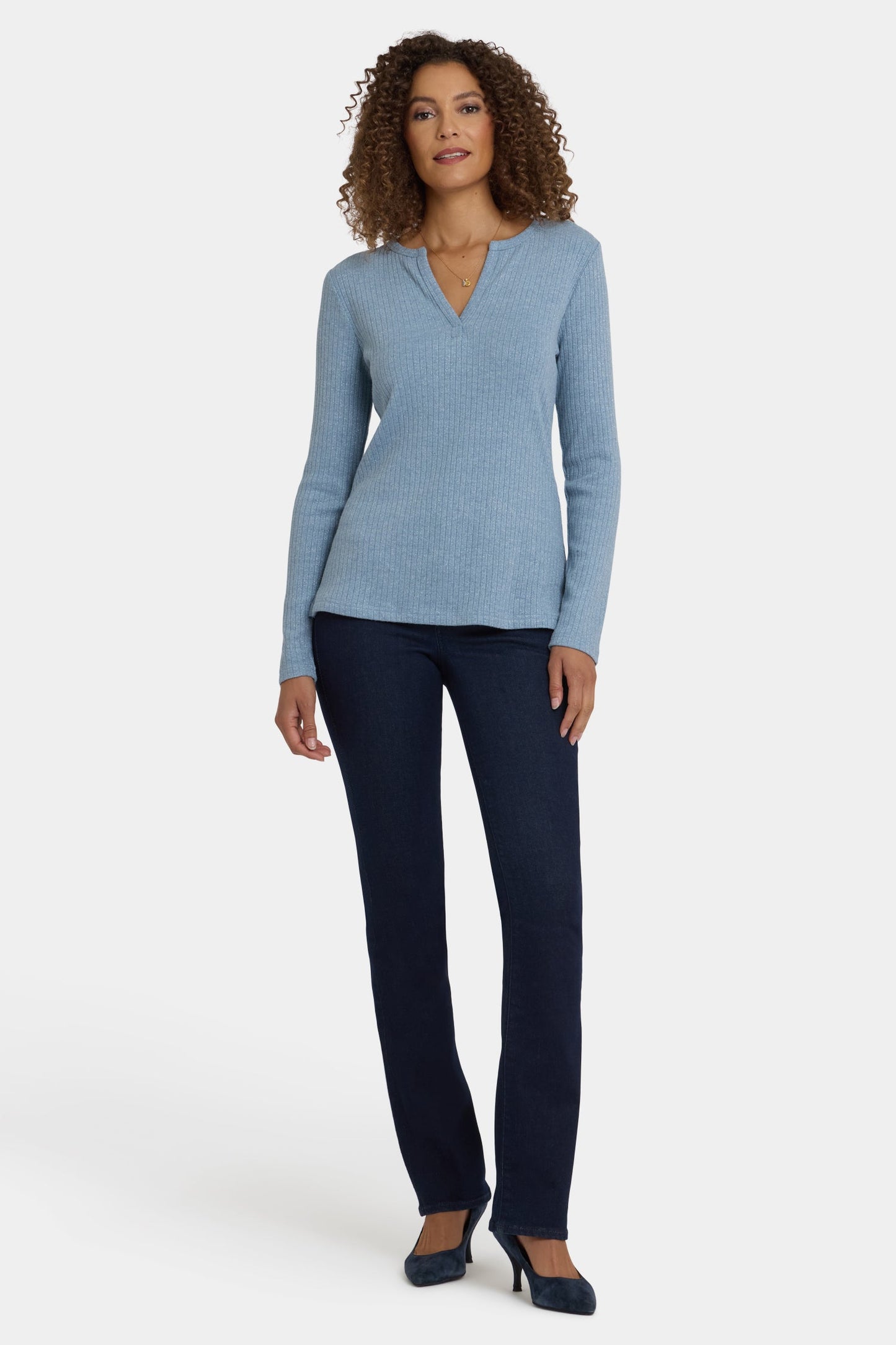 Shimmer Rib Knit Henley Top - Light Heather Blue