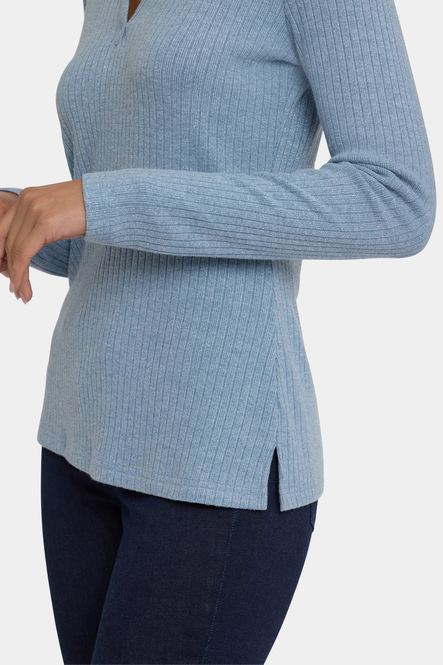 Shimmer Rib Knit Henley Top - Light Heather Blue