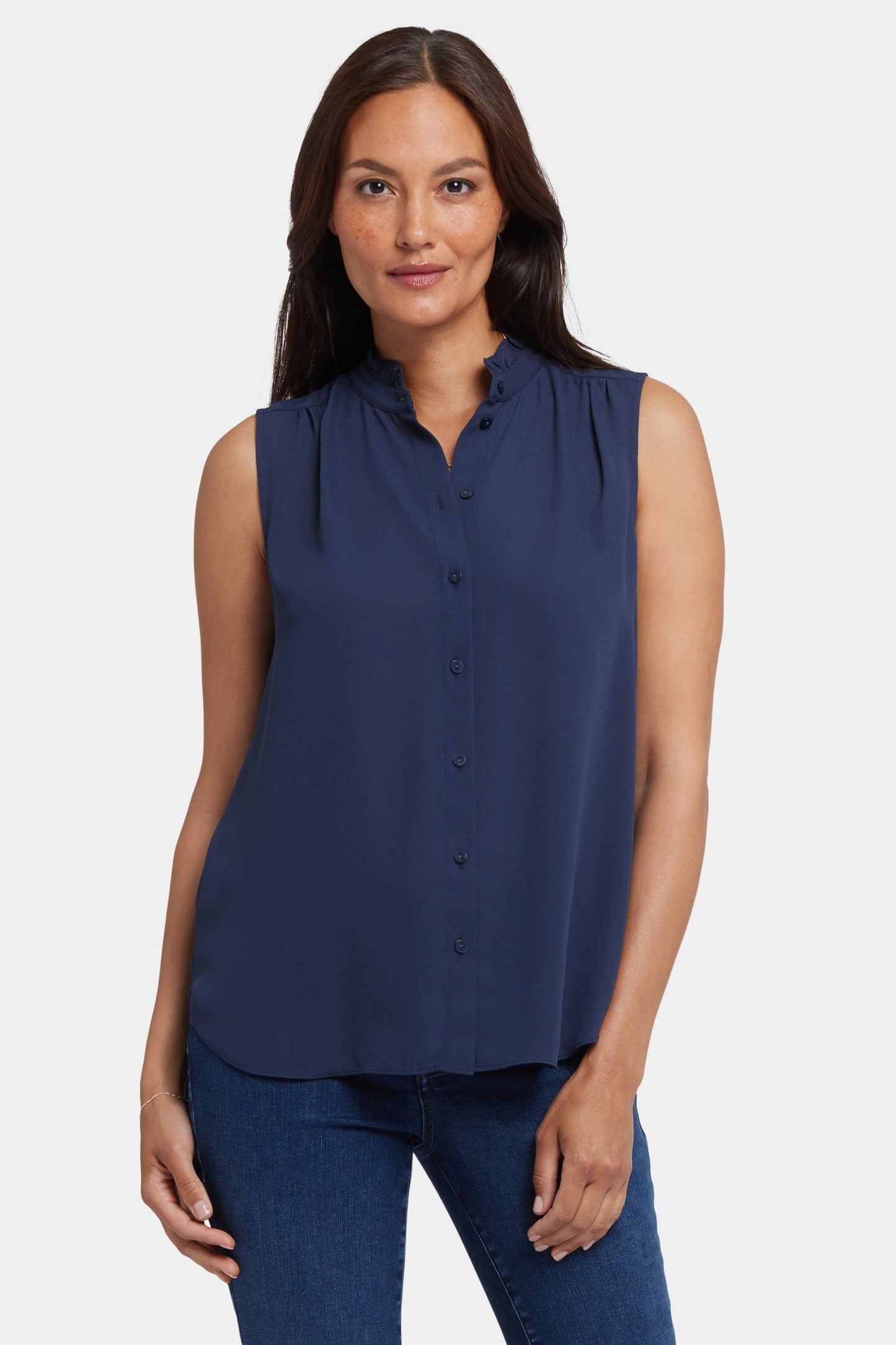 Sleeveless Ruffle Neck Blouse - Oxford Navy