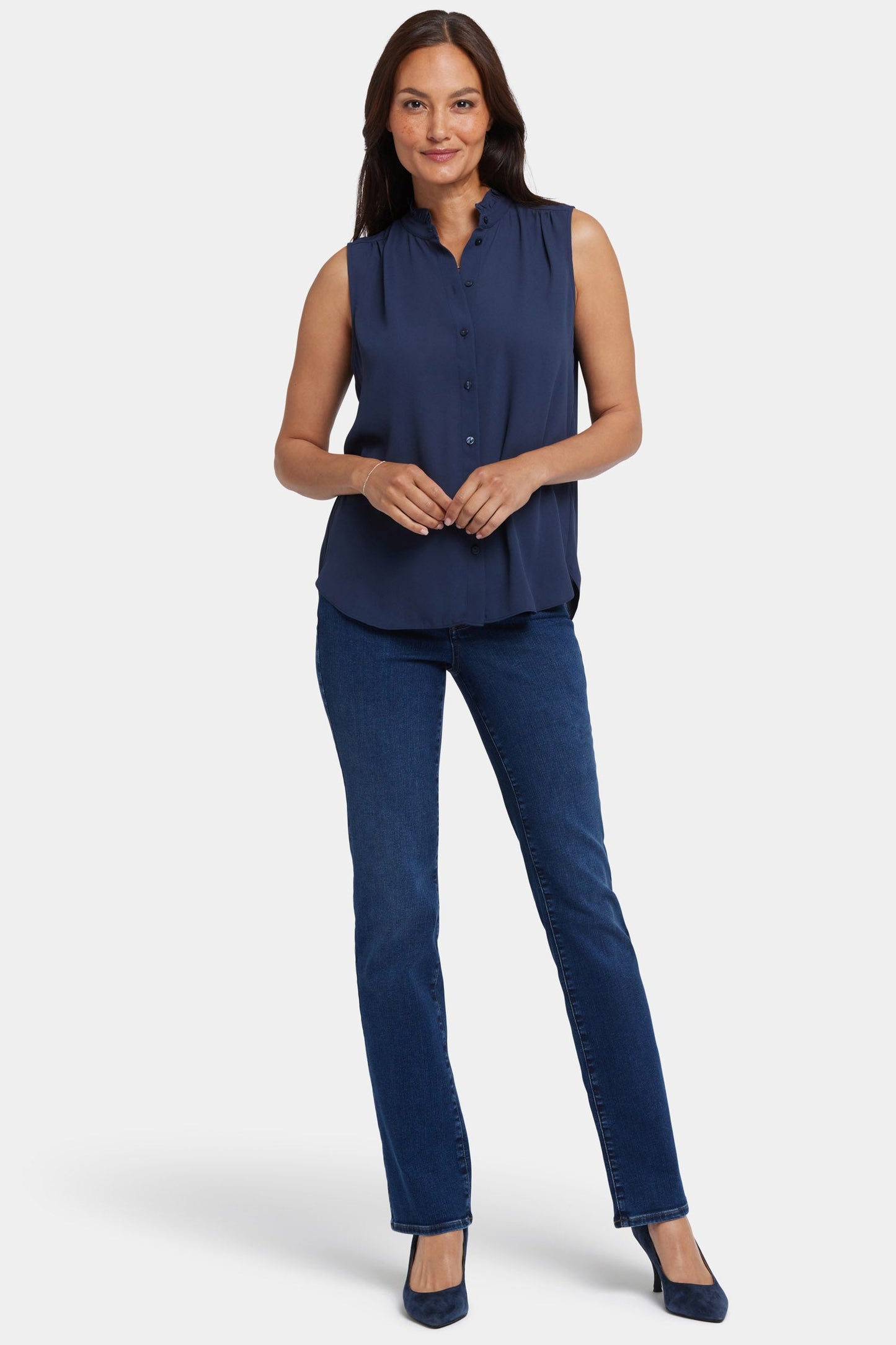 Sleeveless Ruffle Neck Blouse - Oxford Navy
