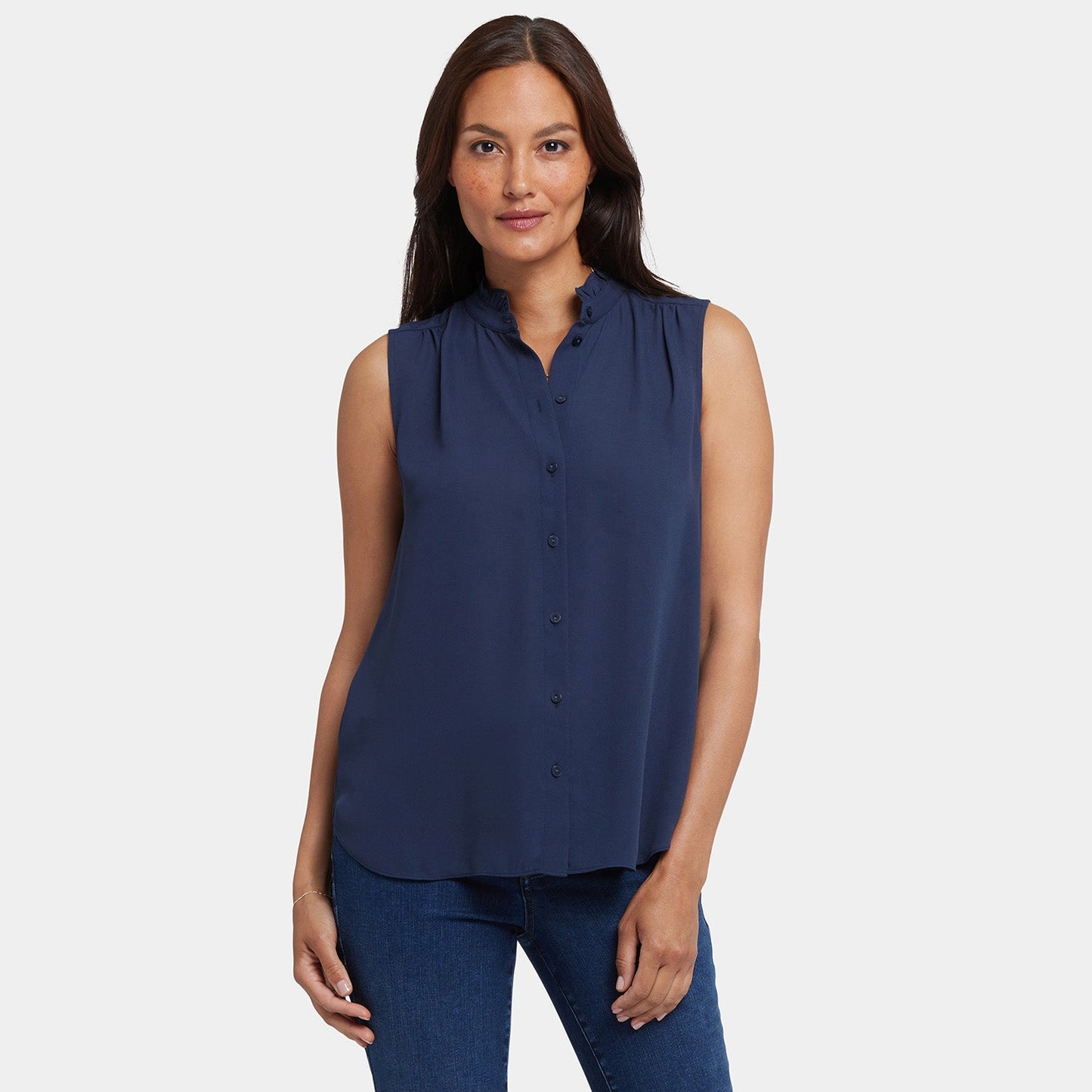 Sleeveless Ruffle Neck Blouse - Oxford Navy