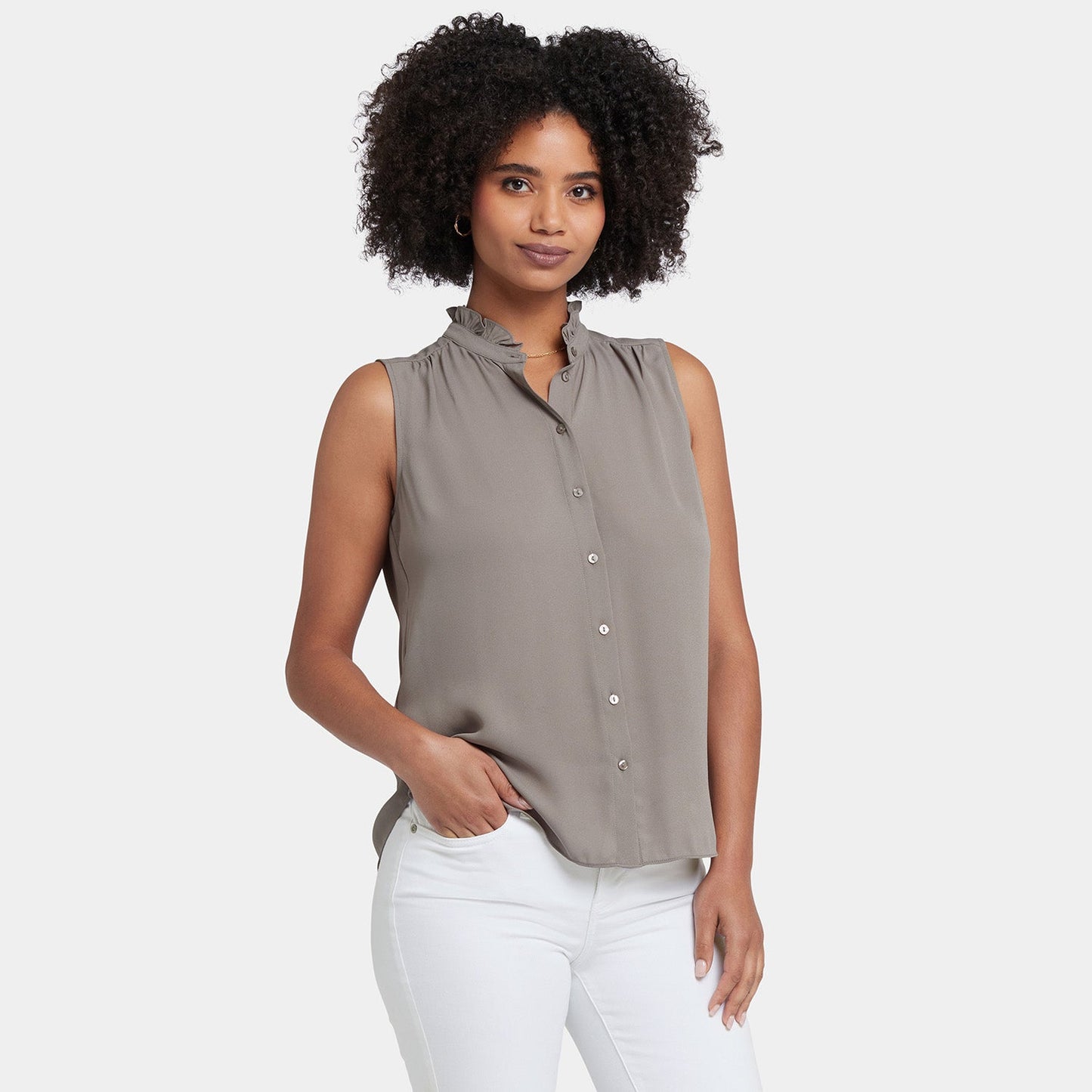 Sleeveless Ruffle Neck Blouse - Saddlewood