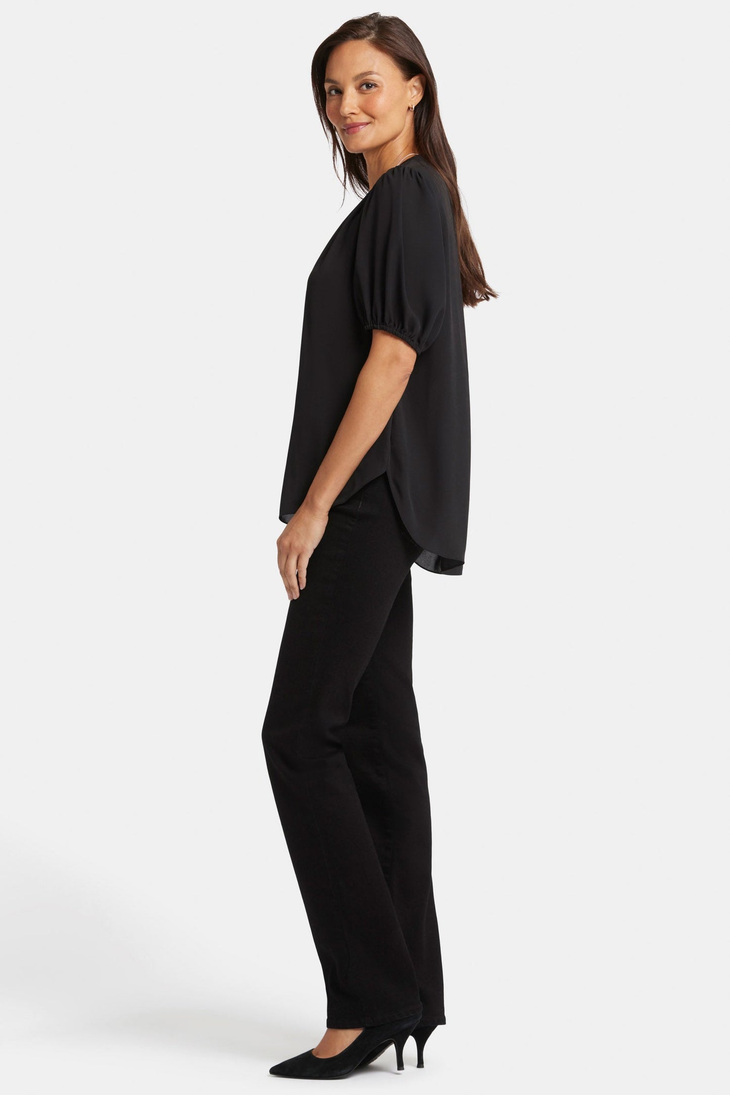Short Puff Sleeve Popover Top - Black