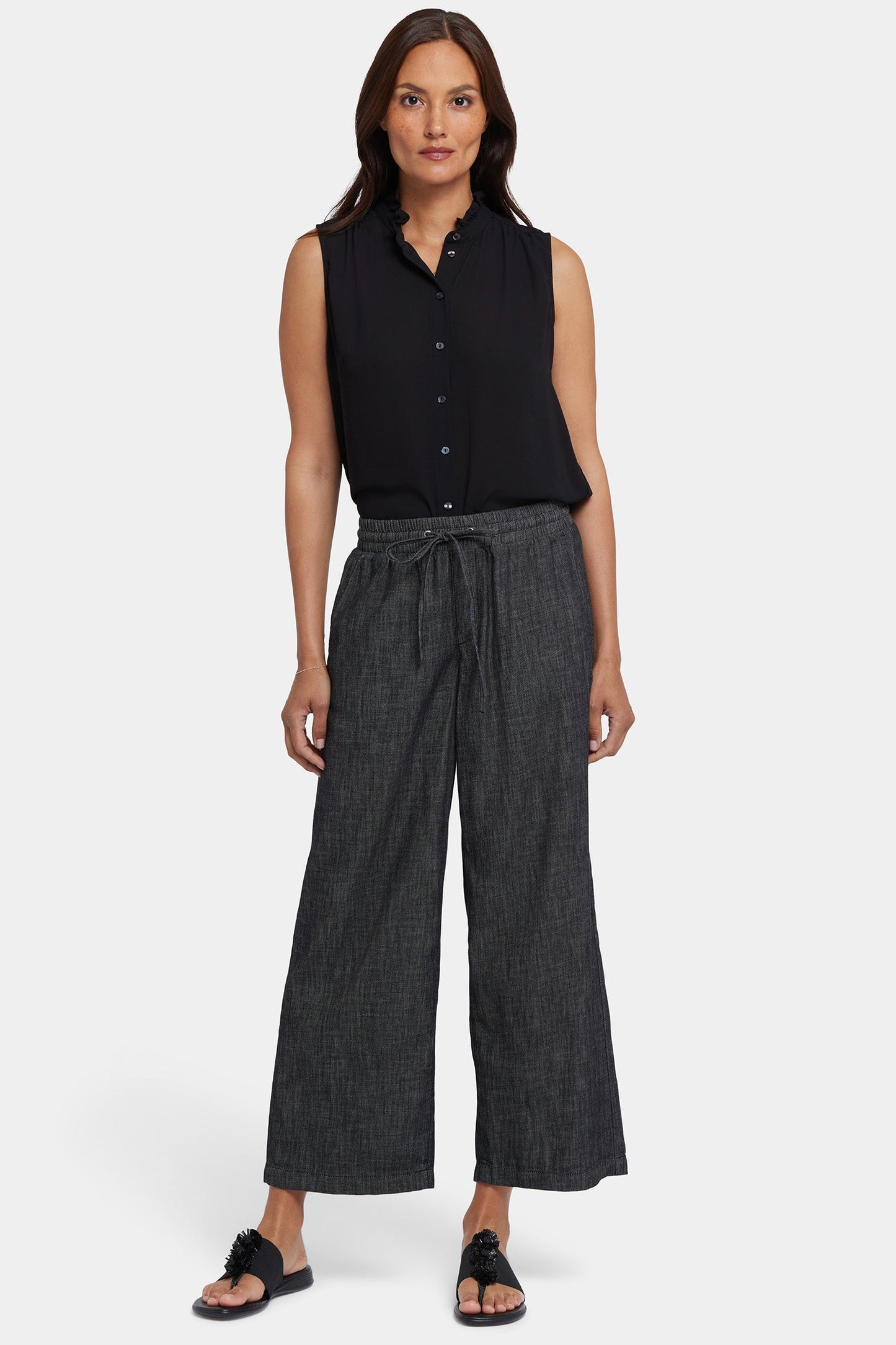Jayne Pull-On Wide Leg Ankle Pants In Petite - Black Rinse