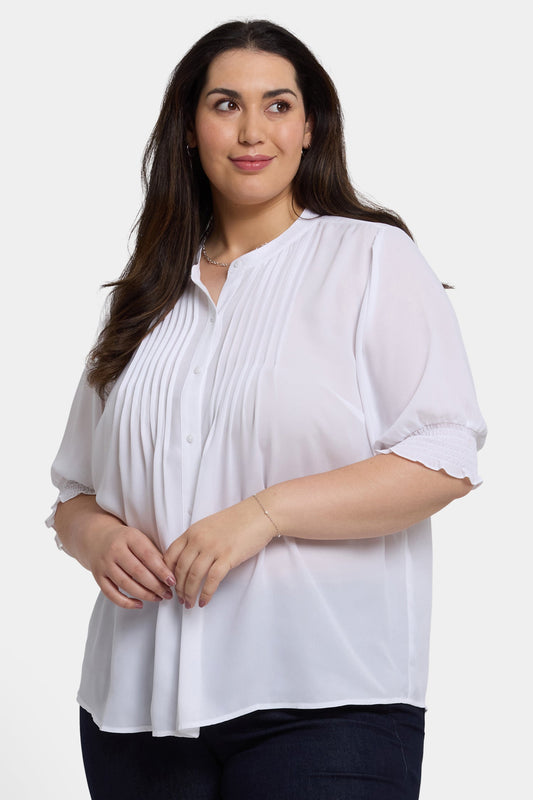 Pleated Short Sleeved Blouse In Plus Size - Optic White