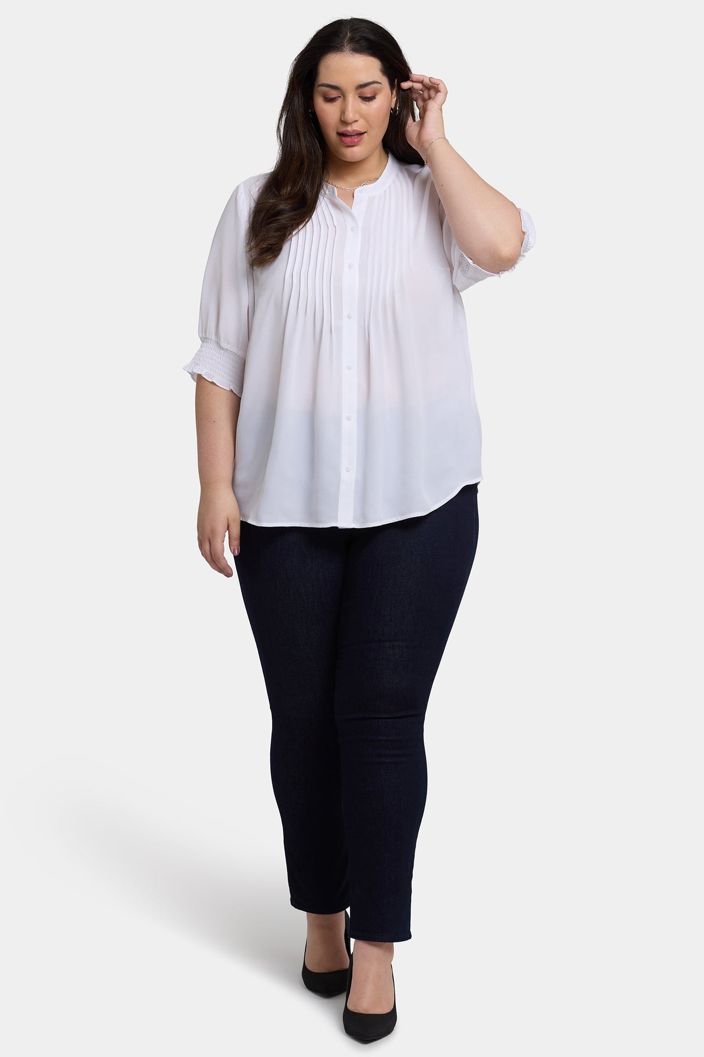 Pleated Short Sleeved Blouse In Plus Size - Optic White