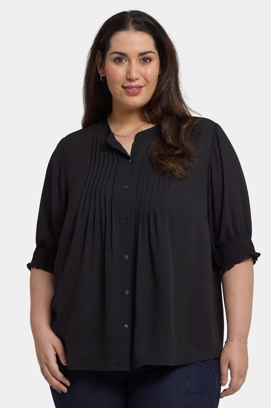 Pleated Short Sleeved Blouse In Plus Size - Black
