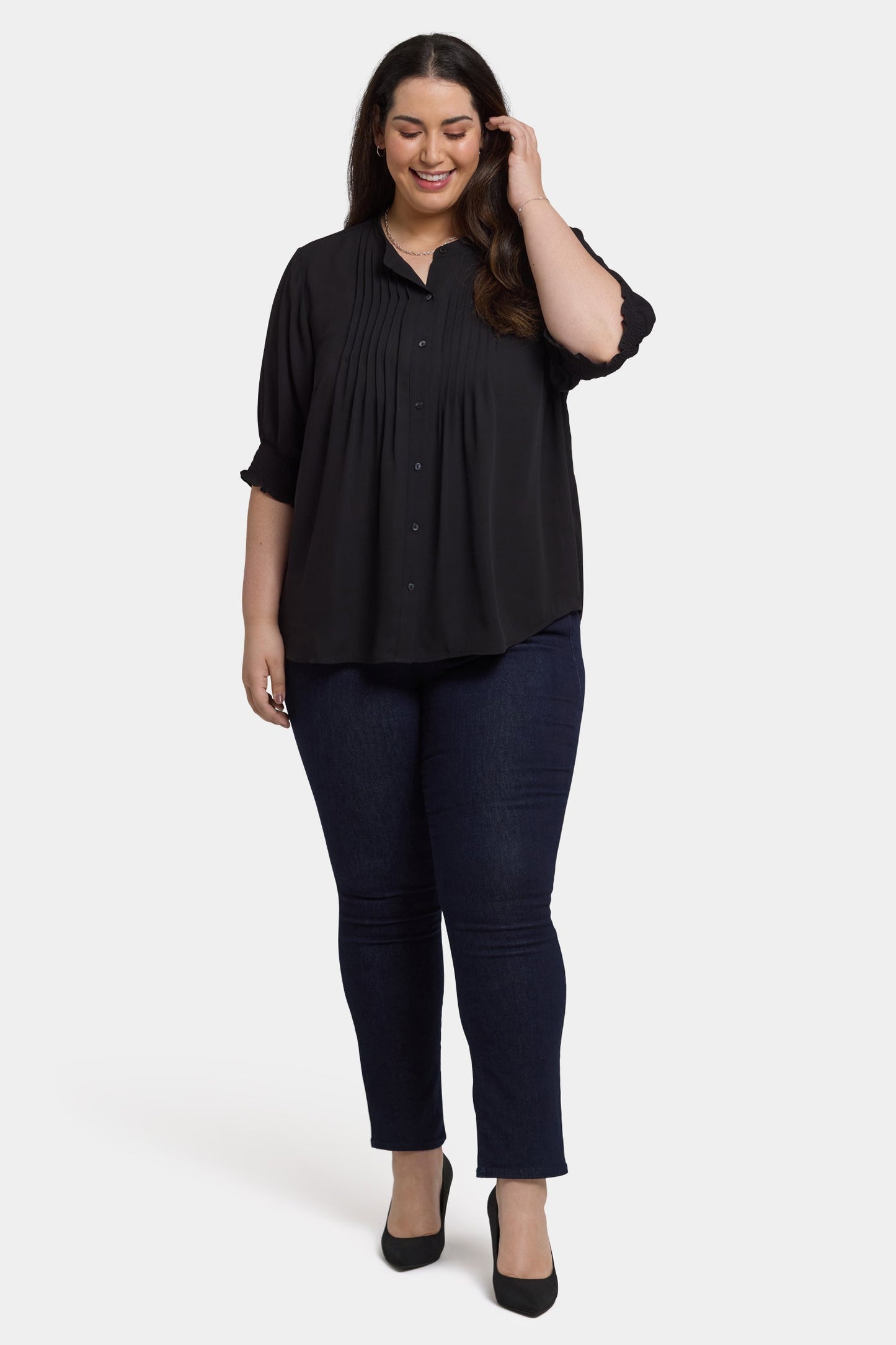 Pleated Short Sleeved Blouse In Plus Size - Black