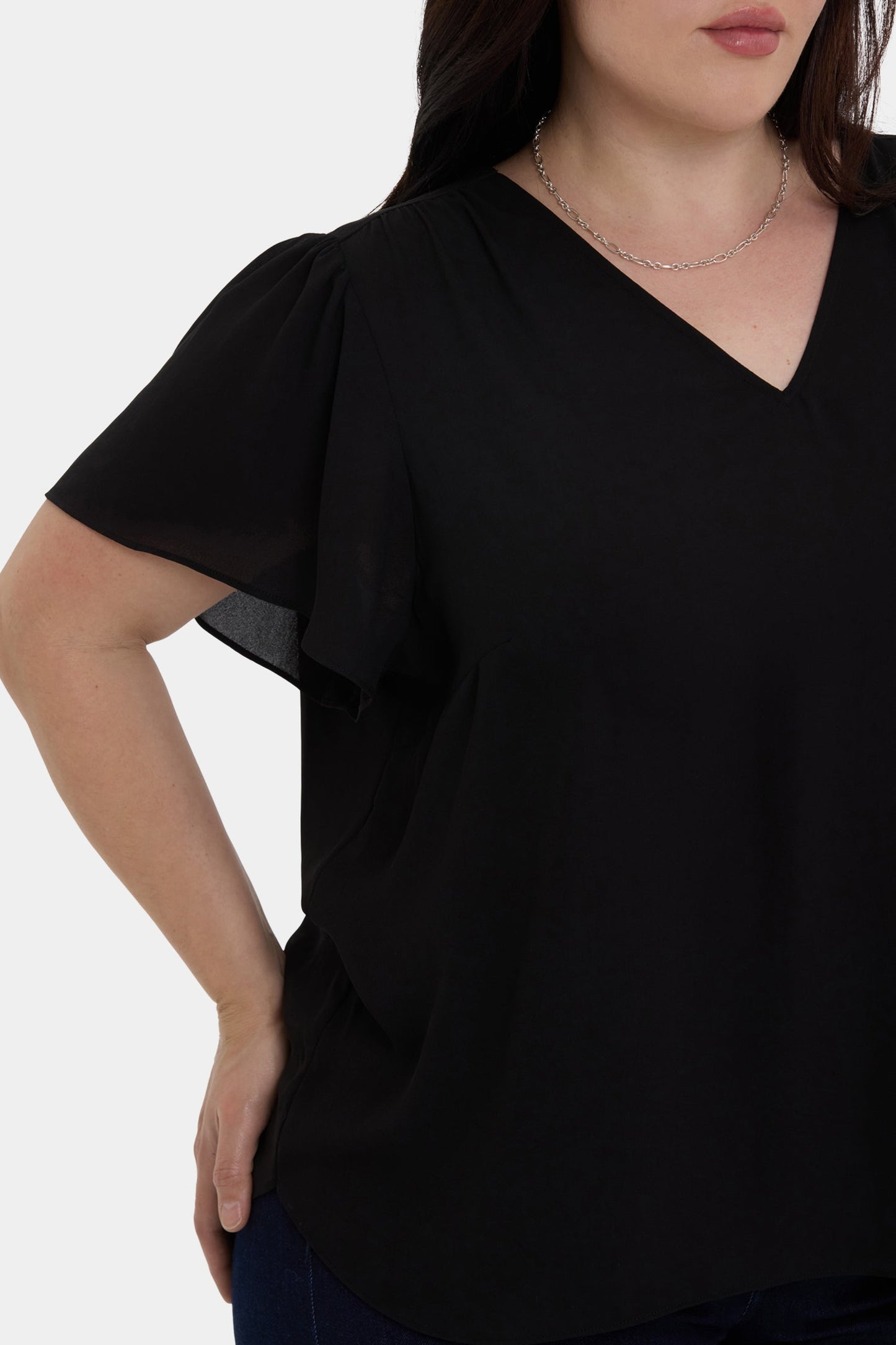 Pleated Flutter Sleeved Blouse In Plus Size - Black