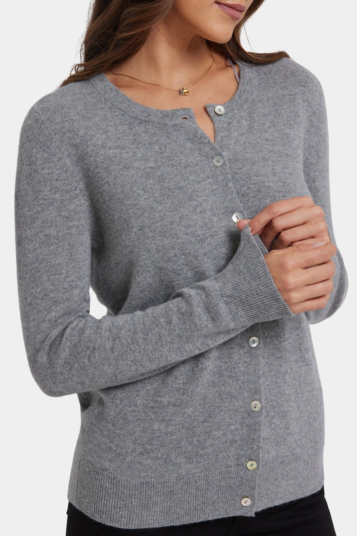 Cashmere Crewneck Cardigan - Light Heather Grey