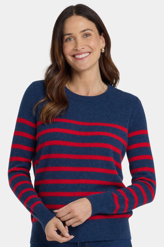 Striped Cashmere Crewneck Sweater - Navy Red Stripe