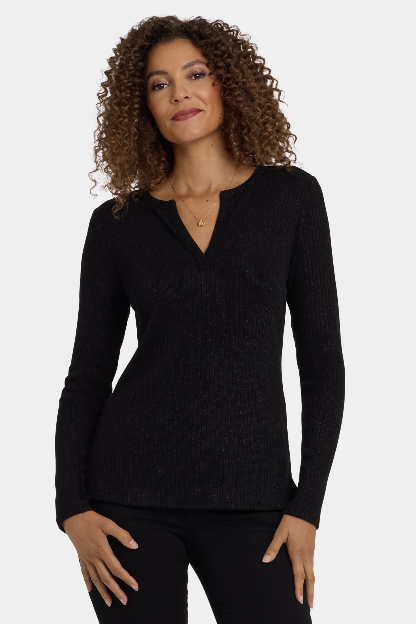 Shimmer Rib Knit Henley Top - Black