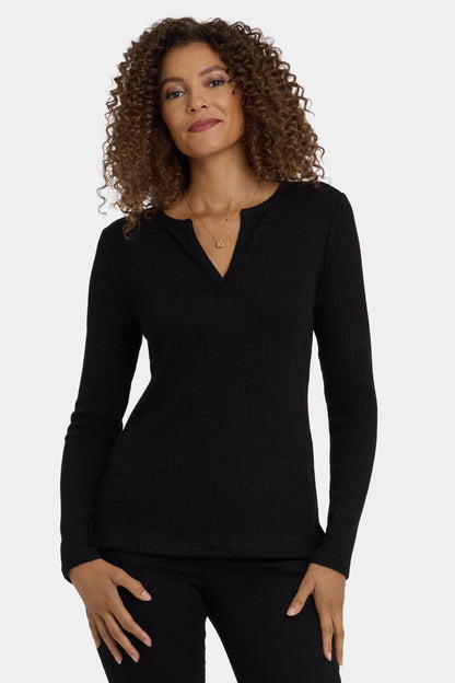 Shimmer Rib Knit Henley Top - Black