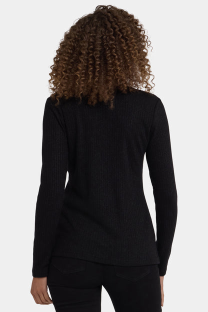 Shimmer Rib Knit Henley Top - Black