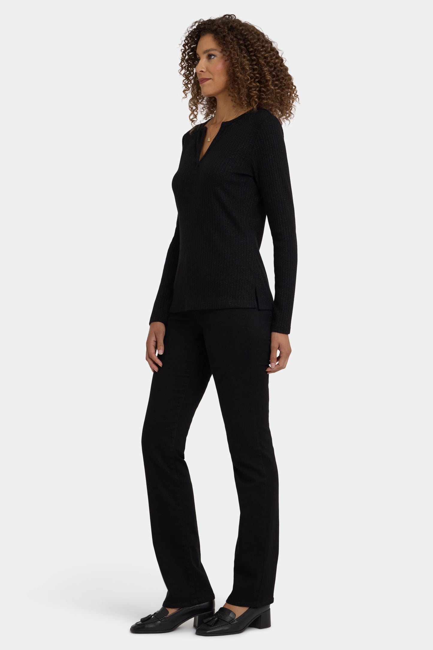 Shimmer Rib Knit Henley Top - Black