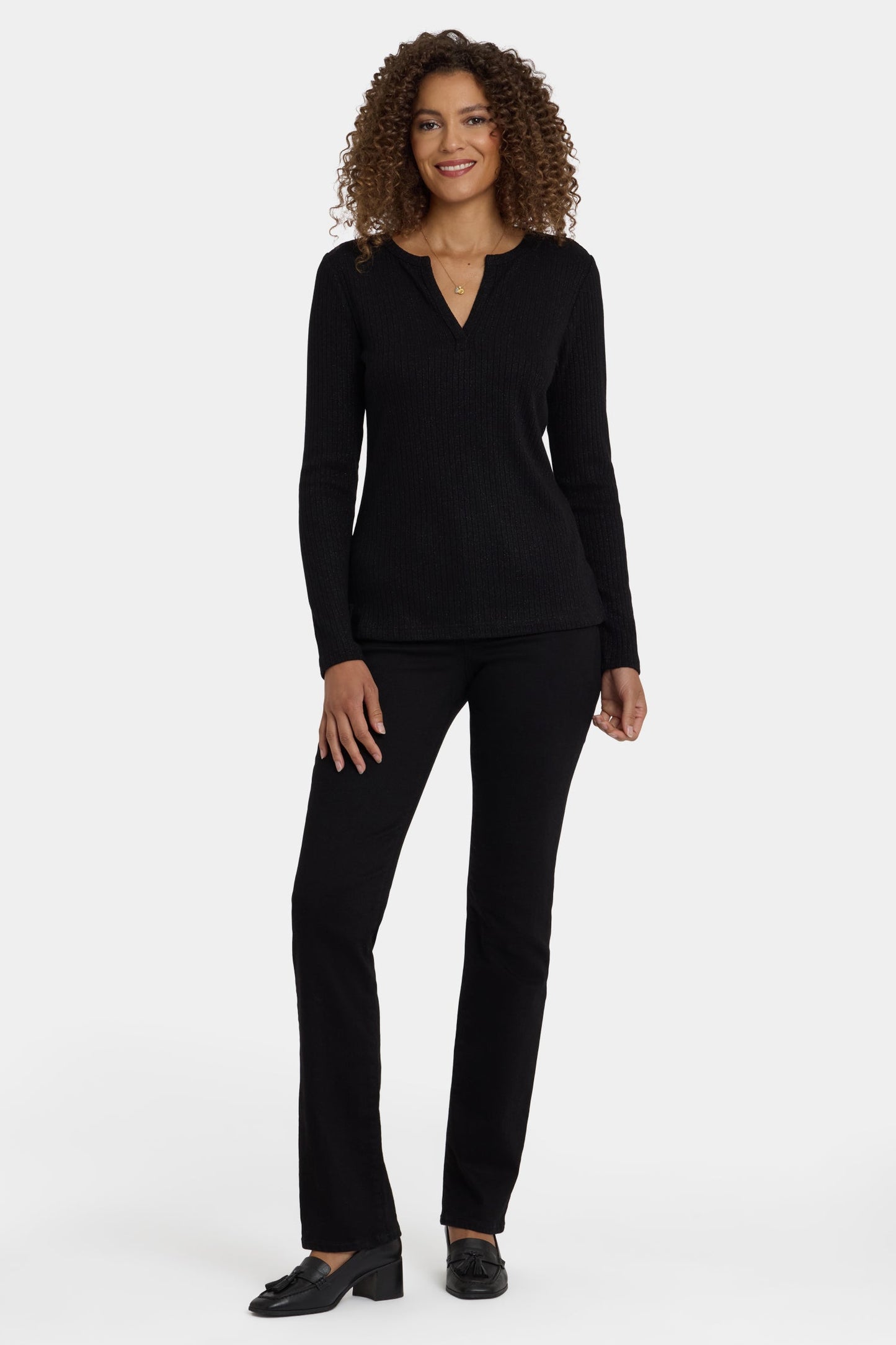 Shimmer Rib Knit Henley Top - Black