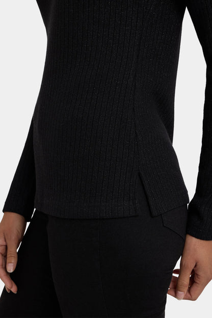 Shimmer Rib Knit Henley Top - Black