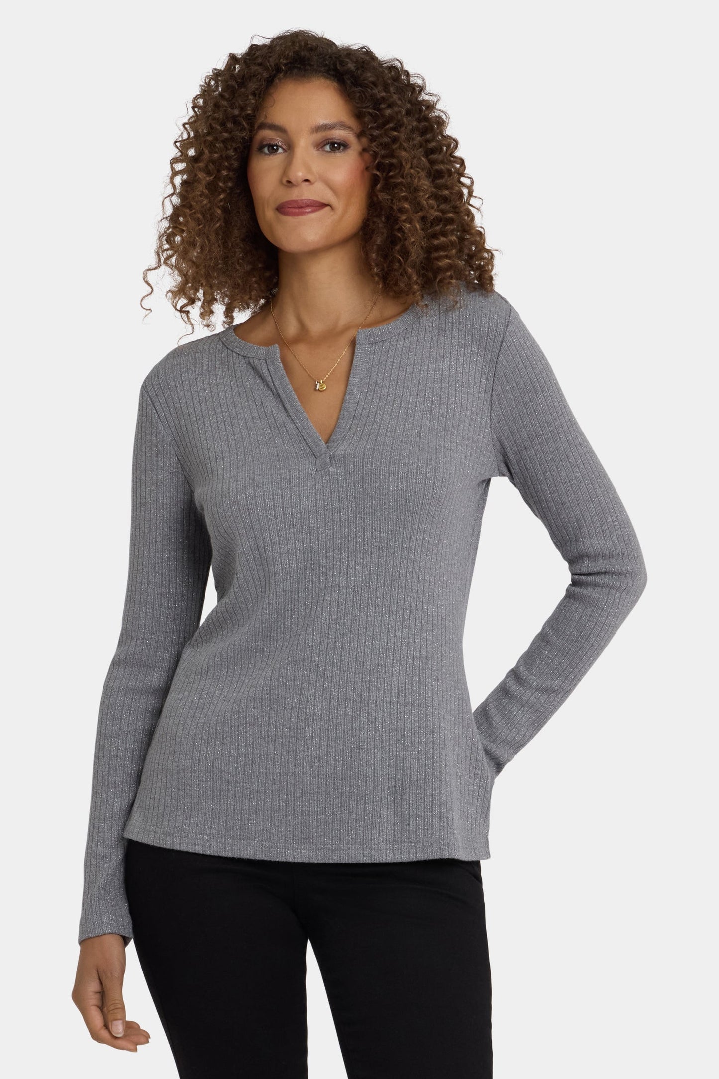 Shimmer Rib Knit Henley Top - Heather Grey