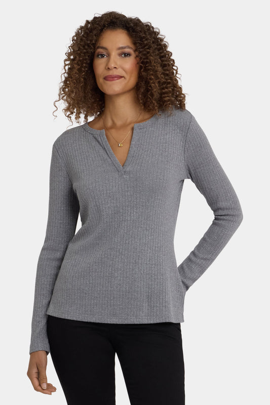 Shimmer Rib Knit Henley Top - Heather Grey
