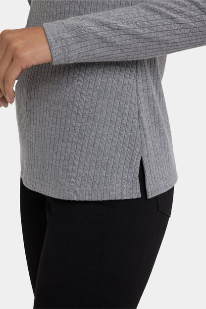 Shimmer Rib Knit Henley Top - Heather Grey