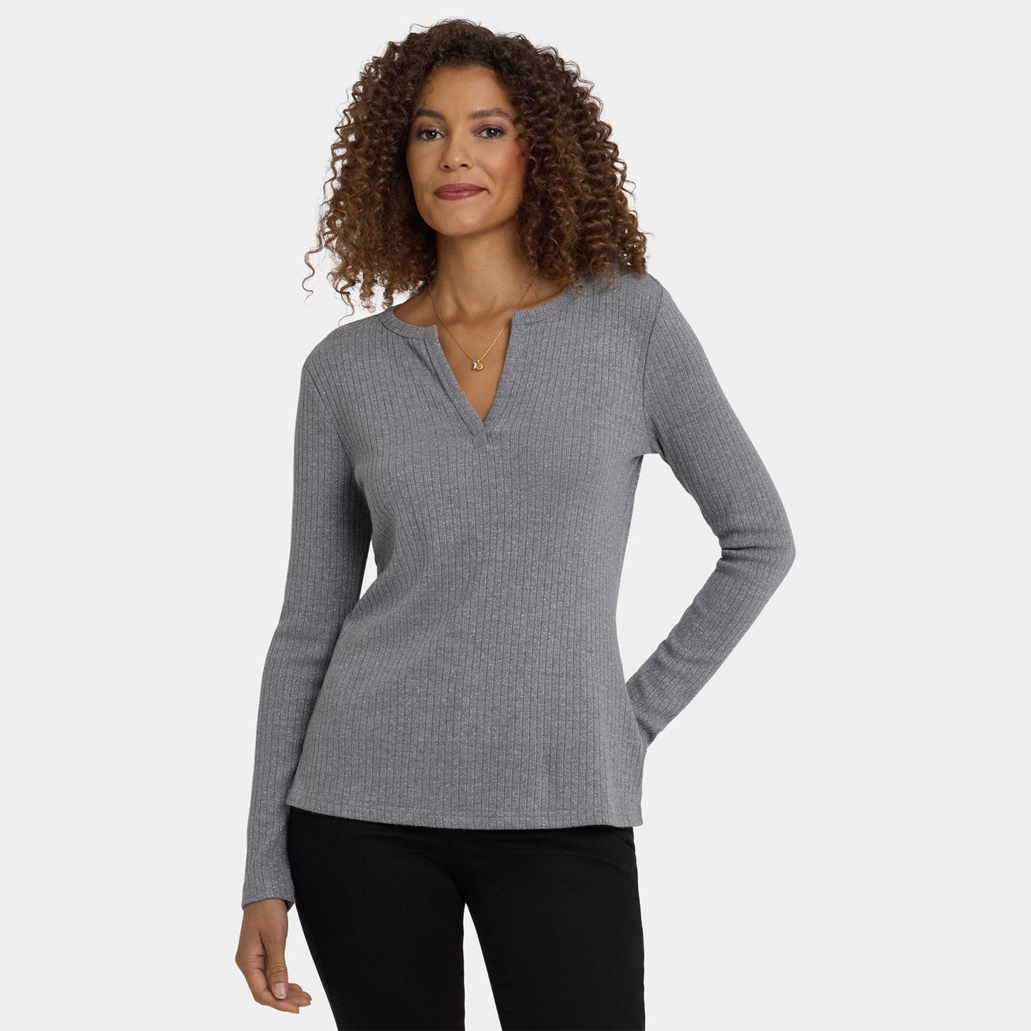 Shimmer Rib Knit Henley Top - Heather Grey