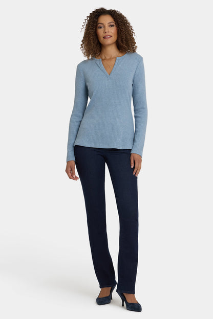 Shimmer Rib Knit Henley Top - Light Heather Blue