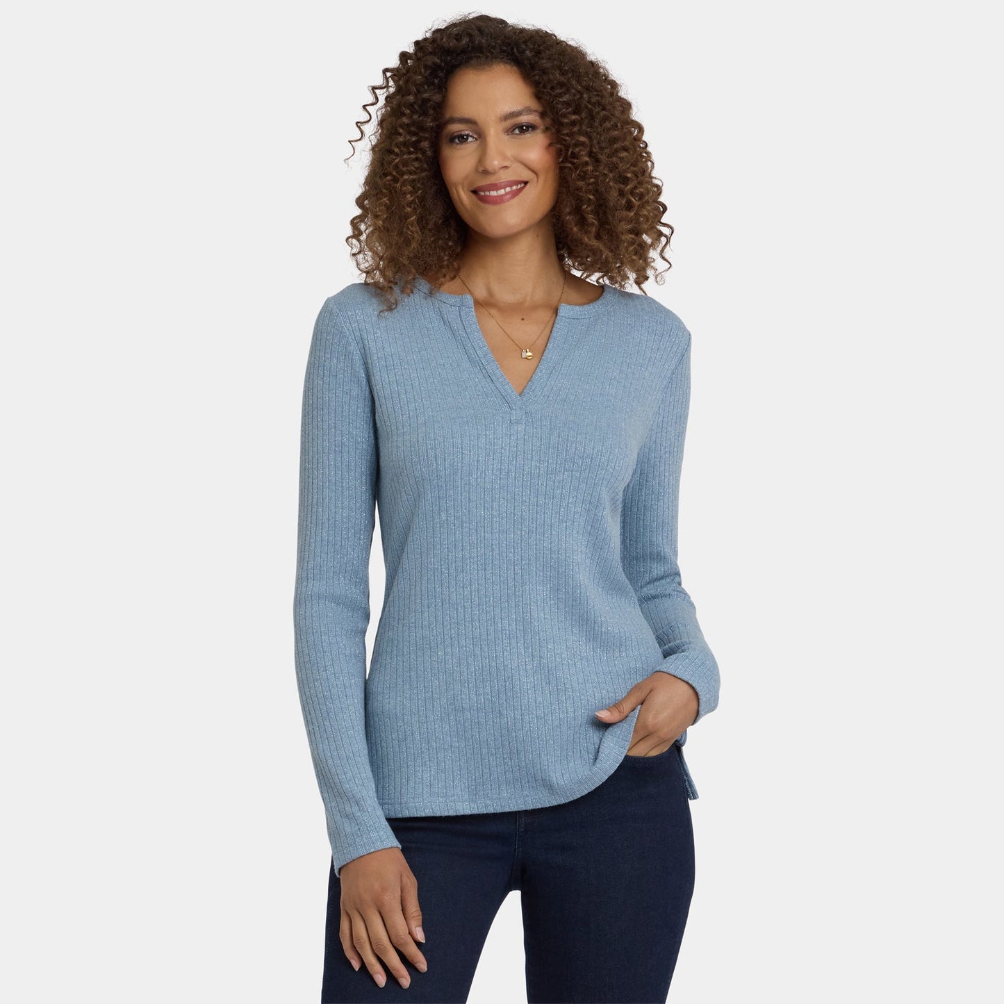 Shimmer Rib Knit Henley Top - Light Heather Blue