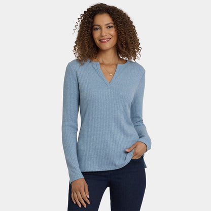 Shimmer Rib Knit Henley Top - Light Heather Blue
