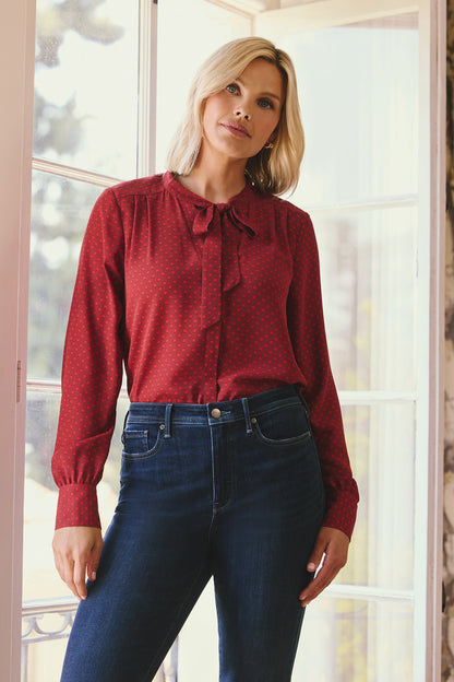 Tie-Neck Blouse - Claret Dots