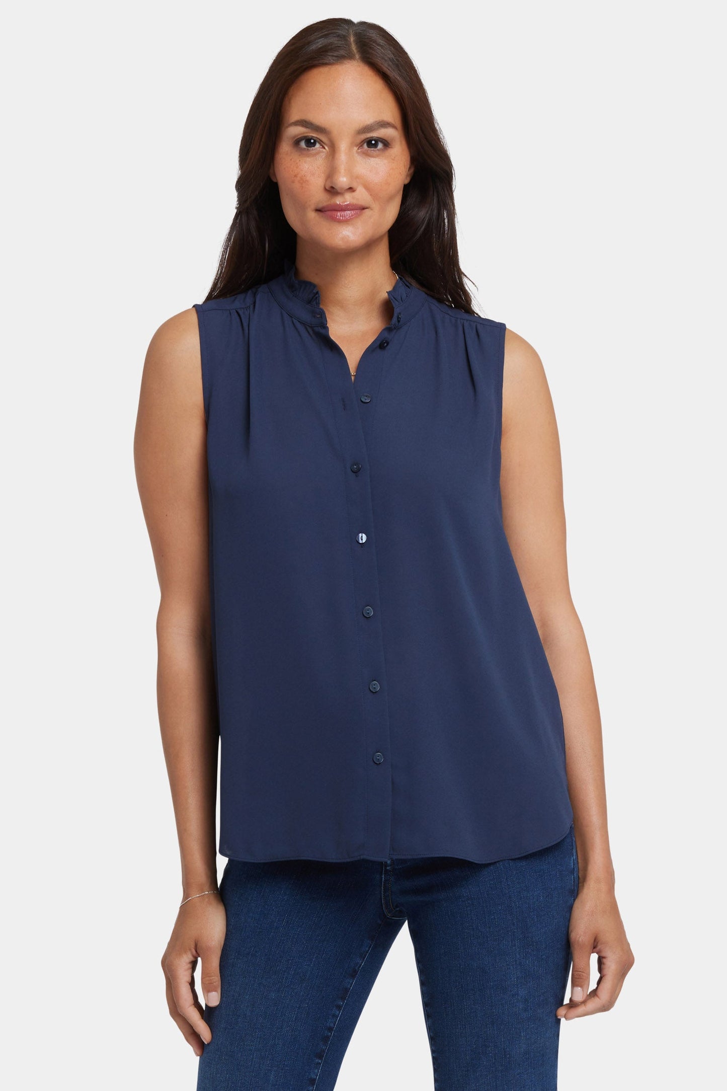 Sleeveless Ruffle Neck Blouse - Oxford Navy