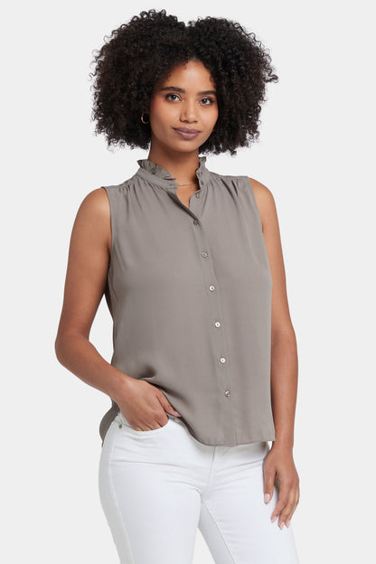 Sleeveless Ruffle Neck Blouse - Saddlewood