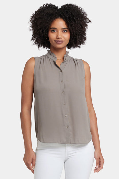 Sleeveless Ruffle Neck Blouse - Saddlewood