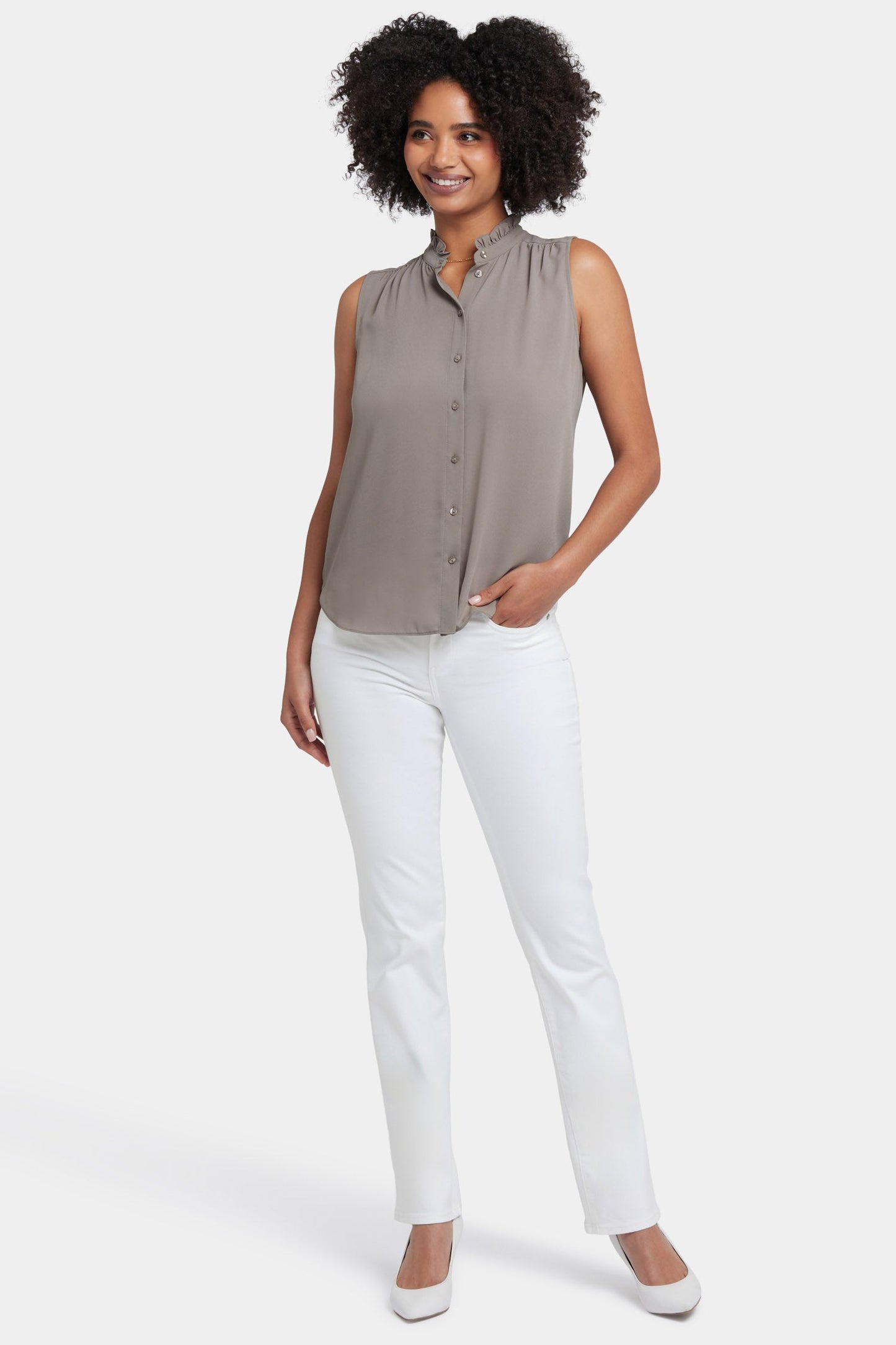 Sleeveless Ruffle Neck Blouse - Saddlewood