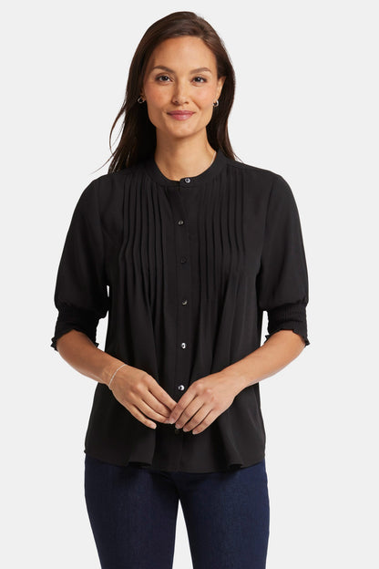 Pleated Short Sleeved Blouse - Black