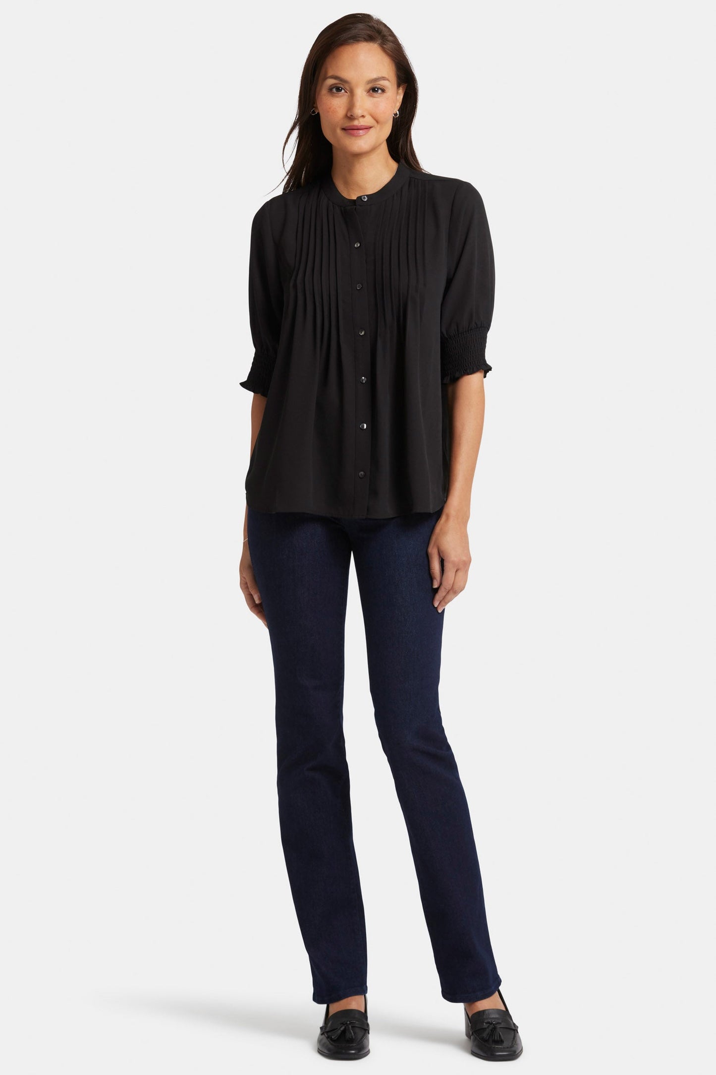 Pleated Short Sleeved Blouse - Black