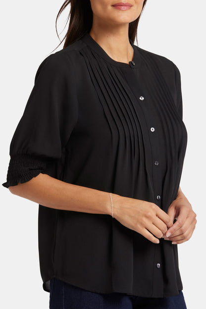 Pleated Short Sleeved Blouse - Black