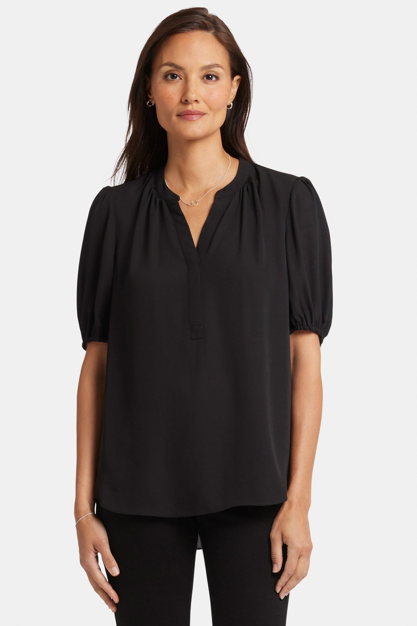 Short Puff Sleeve Popover Top - Black