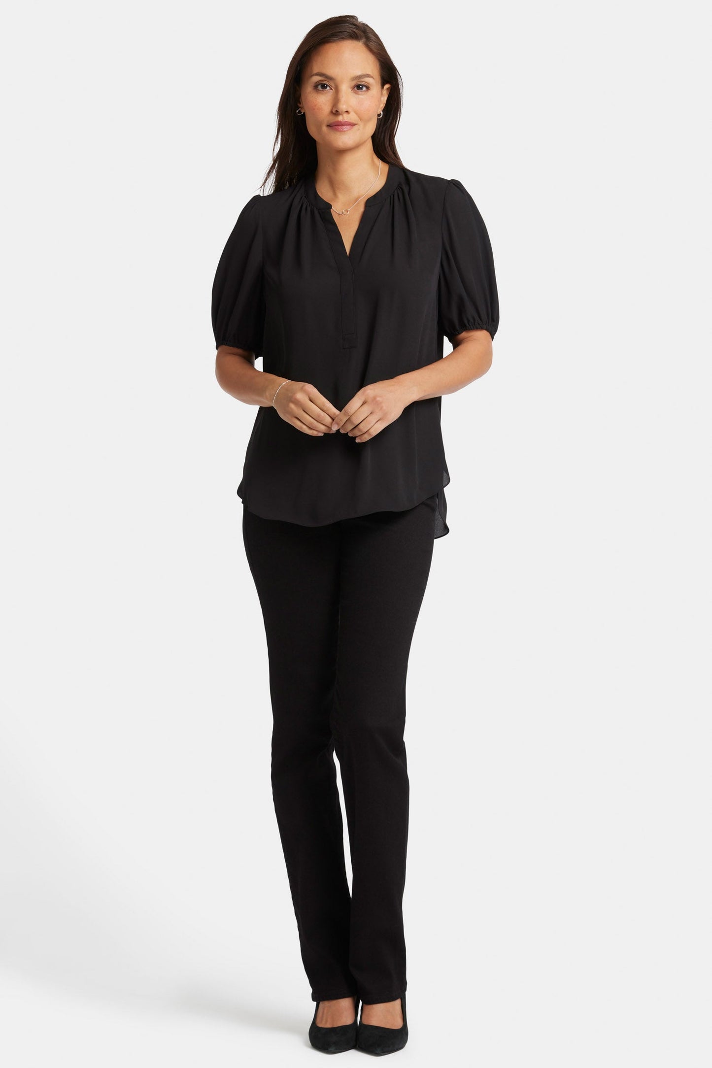 Short Puff Sleeve Popover Top - Black