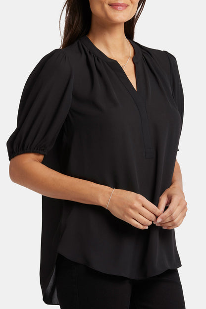 Short Puff Sleeve Popover Top - Black