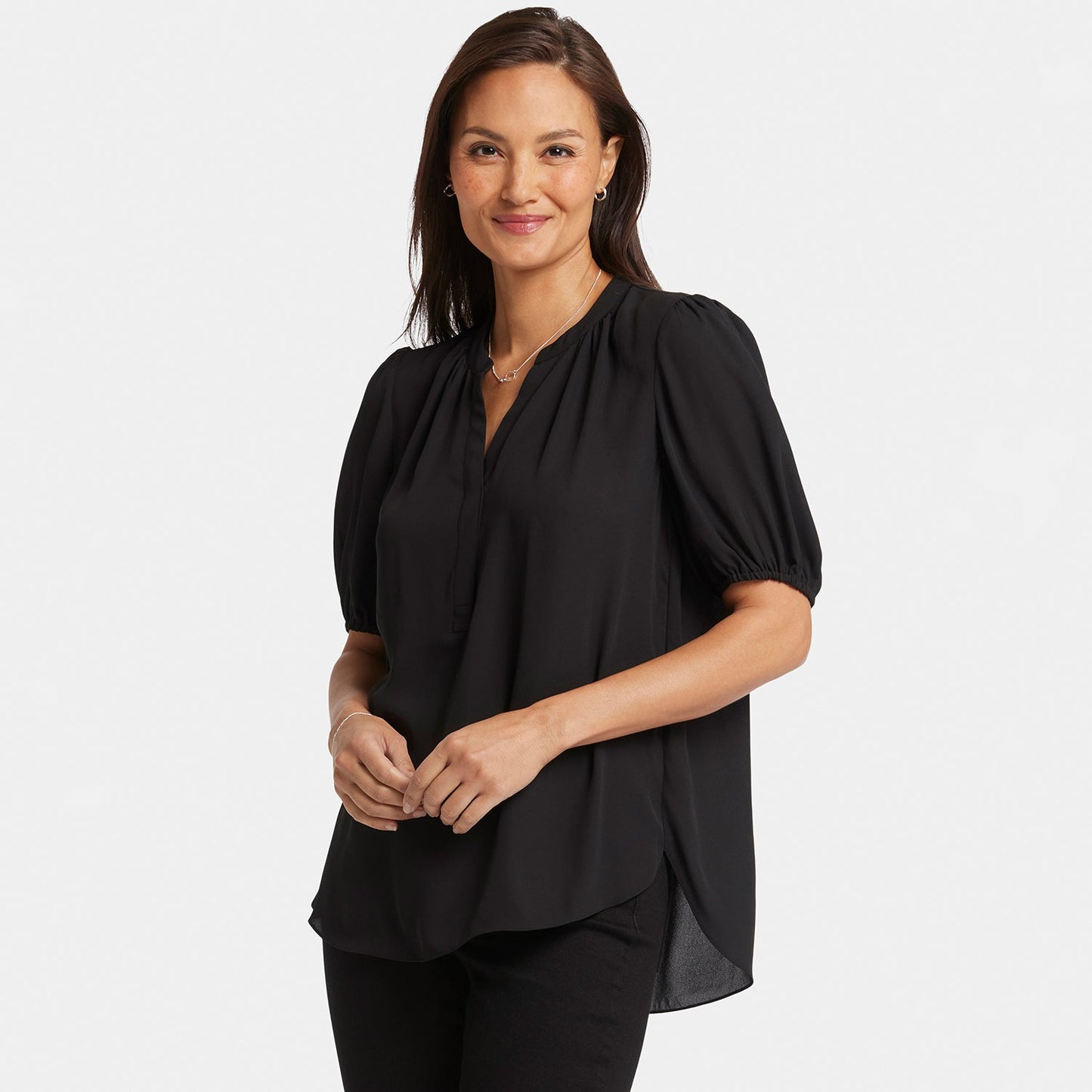 Short Puff Sleeve Popover Top - Black