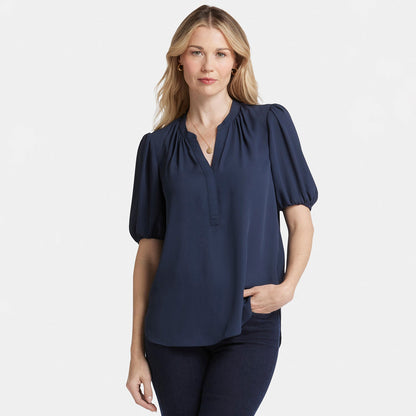 Short Puff Sleeve Popover Top - Oxford Navy