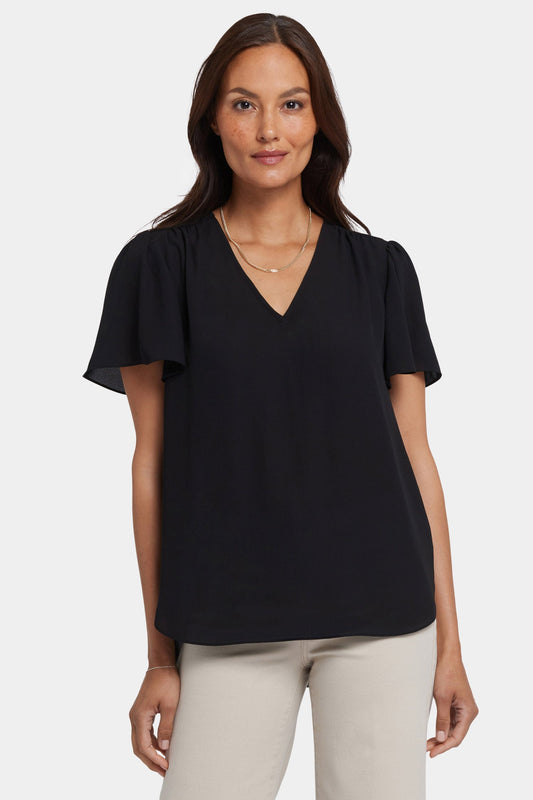 Pleated Flutter Sleeved Blouse - Black
