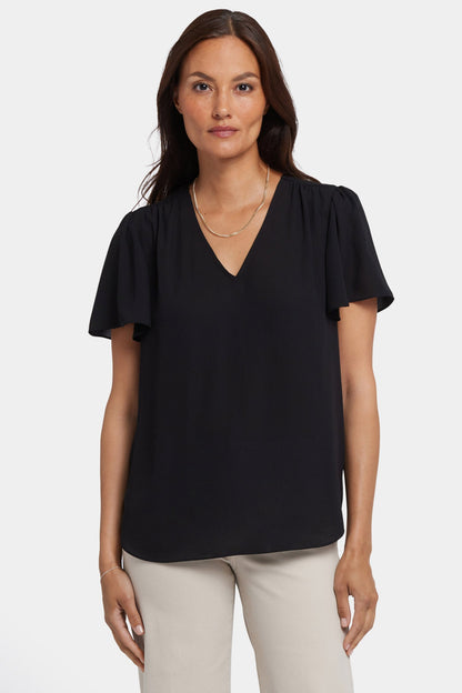 Pleated Flutter Sleeved Blouse - Black