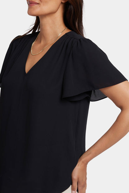 Pleated Flutter Sleeved Blouse - Black