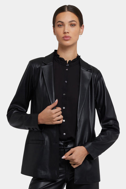 Vegan Stretch Leather Classic Blazer Jacket - Black