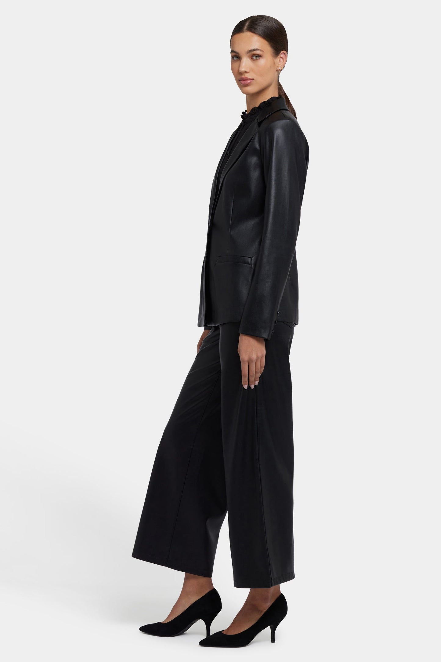 Vegan Stretch Leather Classic Blazer Jacket - Black