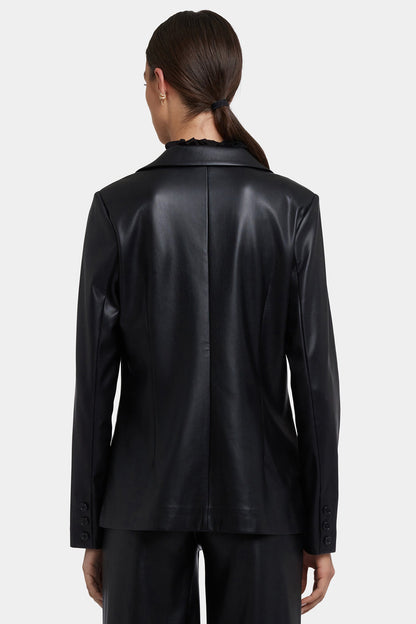 Vegan Stretch Leather Classic Blazer Jacket - Black